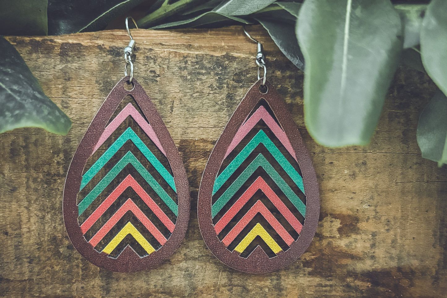 Wooden Rainbow Mountains Laser Cut Earrings